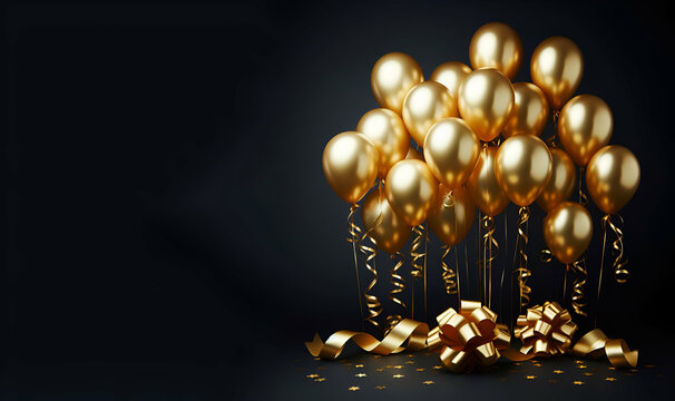  A premium image  of beautiful New year golden balloons with isolated black background, generative ai