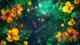 Fototapeta Panele - Multicolored Exotic Flower and Leaves as background