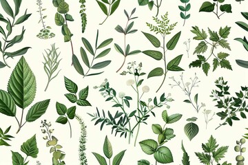 Wall Mural - Seamless pattern with hand-drawn green plants and leaves, vintage botanical illustration