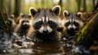 A group of baby raccoons playing near a stream, their masked faces and nimble movements creating an endearing scene in the world of urban wildlife.
