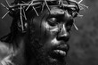 Portrait of black Jesus Christ with crown of thorns, close-up black and white photorealistic illustration