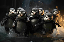 A Group Of Baby Penguins Wearing Tuxedos, Sliding Down An Icy Slope On A Cool Grey Background.