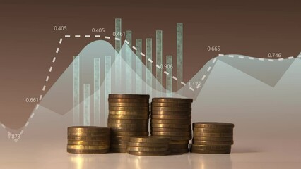 Poster - Growing columns of coins on the background. Moving graphs and charts with equalizers and digital indicators. Concept for analyzing the development of financial markets. Cg