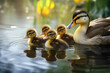 A group of adorable ducklings waddling in a row beside a crystal-clear pond, creating ripples as they follow their mother with unwavering trust.