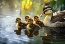 A Group Of Adorable Ducklings Waddling In A Row Beside A Crystal-clear Pond, Creating Ripples As They Follow Their Mother With Unwavering Trust.