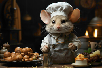 A grey mouse in a chef's hat, cooking up a storm with tiny utensils on a grey background.