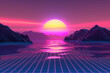  retrofuturistic landscape at sunset with meshes polygonal cyberspace
