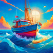 Illustration of an ocean with a colorful fishing boat and a blue sunlit sky.