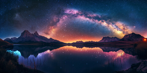 Wall Mural - panorama with milky way in night starry sky against colorful bright background of lake and snowy mountains