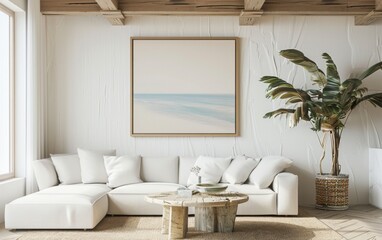 Wall Mural - Mockup frame close up in coastal style home interior background, 3d render