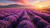Fototapeta Kwiaty - Lavender field sunset. Generative AI