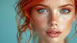 A woman with red hair, freckled skin, and blue eyes