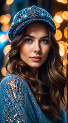 Poster - A woman with long brown hair and a blue hat is smiling. The hat has a lot of sparkles on it