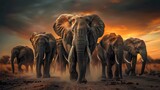 Fototapeta  - herd of african elephants savannah at sunset