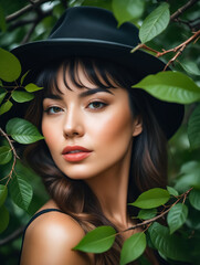 Poster - A woman wearing a black hat is standing in a forest with green leaves. She has a beautiful smile and is looking at the camera