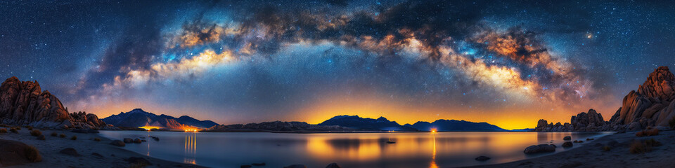 Wall Mural - landscape panorama with milky way in night starry sky against background of mountains and waters
