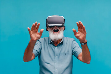 Wall Mural - Older man with beard is trying out the virtual reality experience provided by Oculus.