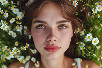 Poster - Woman with brown hair and blue eyes lies down in field of flowers.