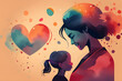 Happy mother's day. Side view of Happy mom with daughter silhouette plus abstract watercolor painted.Happy mother's day. Double exposure illustration., illustration