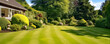 House with English style Garden with hedges. Large open green lawn for parties