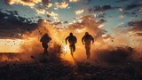 Fototapeta  - Soldiers military group US Army at sunset