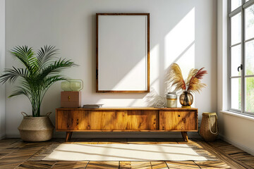 Poster - Wooden dresser with mirror on the wall above it and table with vase and two bottles on it.