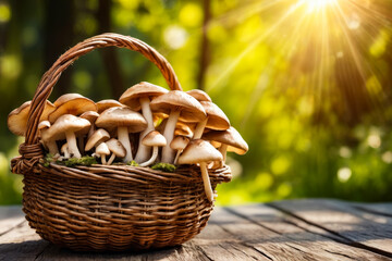 Poster - Basket full of mushrooms is sitting on wooden table in the sunlight.