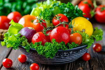 Sticker - Bowl of fresh garden vegetables including tomatoes onions and parsley.