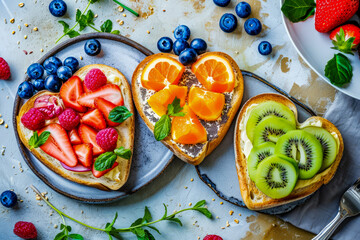 Wall Mural - Toast with Kiwi Strawberry and Orange slices on them.