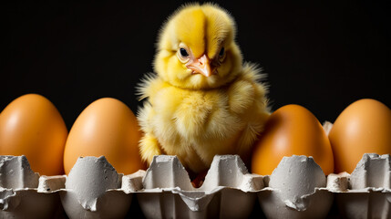 Poster - Yellow chicken is sitting inside egg tray with eggs around it.