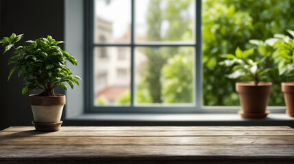 Canvas Print - Potted plant sits on windowsill with the sun shining through the window and onto the plant.