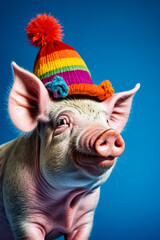 Wall Mural - Pig with colorful hat on its head.