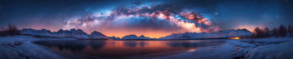 Wall Mural - landscape winter panorama with milky way in night starry sky against background of lake and snowy mountains