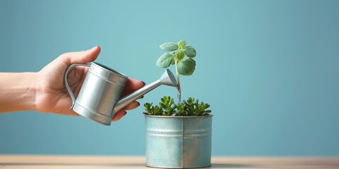 Wall Mural - A person is watering a plant in a container