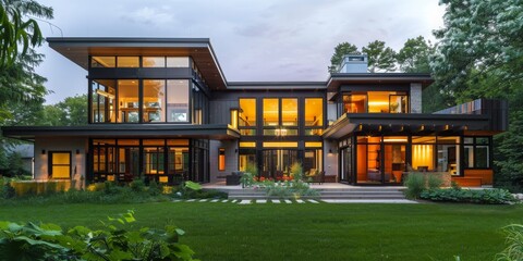 Poster - A large house with a white exterior and a green lawn