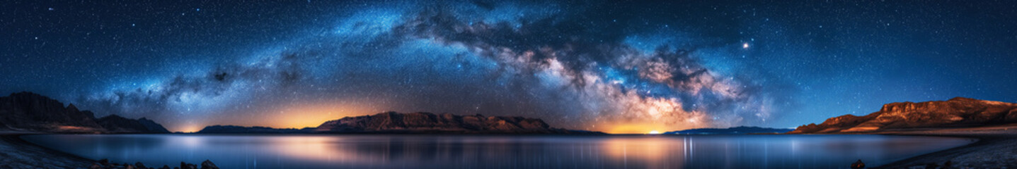 Wall Mural - panorama landscape with milky way in a blue night starry sky against background of lake water and mo