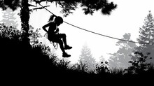 Isolated Modern Illustration Of A Girl Dropping Down A Zip Line. Black Silhouette.