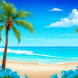 Illustration of a beautiful beach with palm trees and a view of the azure blue ocean.