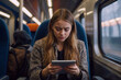 © Neitiry - Young woman using digital tablet in the train, student working online in the internet, stressed, receiving bad news, anxious, distressed, worried, using wireless technology.