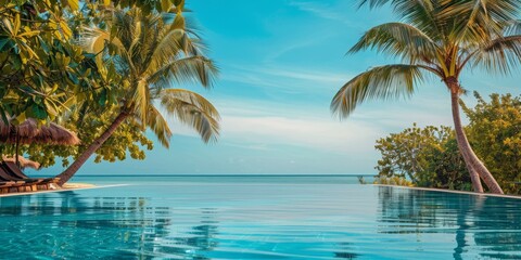 Poster - A beautiful beach scene with palm trees and a pool