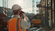 Serious Worker in Full PPE Communicating Outdoors with Smartphone