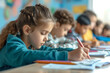 © Anasaiimages - Focused young girl diligently working on her school assignment in a bright, busy classroom. Generative AI