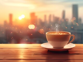 Poster - Morning Coffee with Sunrise Cityscape View on Wooden Table