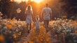 Family walking and playing together in a scenic garden, with a beautiful sunset in the background and a feeling of fun and enjoyment