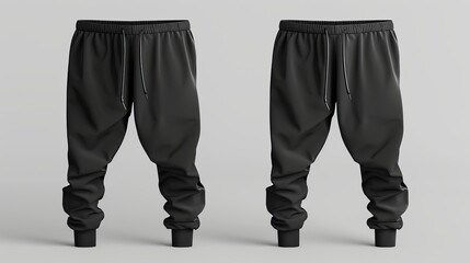 A mockup of blank black men's pants, shown from the front and side in a 3D rendering, depicting a simple loungewear design