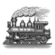Steam locomotive train in steampunk style sketch engraving generative ai raster illustration. Scratch board imitation. Black and white image.