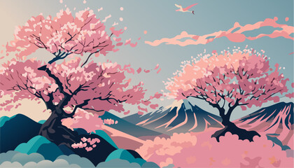 Wall Mural - Japanese garden with cherry blossoms  and mountains