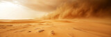 Fototapeta  - A massive sandstorm engulfs the desert, obscuring the sky and towering over the vast dunes below.