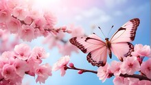 Pink Cherry Blossom In Spring Soft Focus, A Blue Sky Background, A Beautiful Pink Butterfly, And A Cherry Blossom Branch In Spring. Beautifully Rendered Picture Of A Butterfly In A Frame Of Pink Sakur