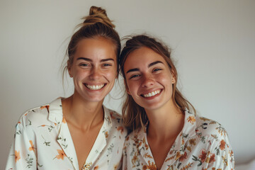 two beautiful lady wearing pyjamas smiling towards the camera